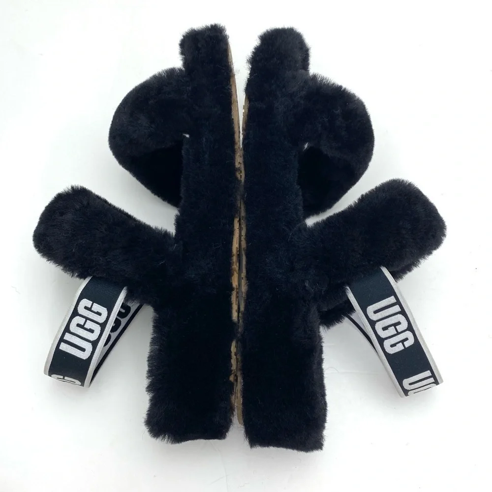 Ugg Oh Yeah Fur Double Strap Flat Sandals In Black Size 10